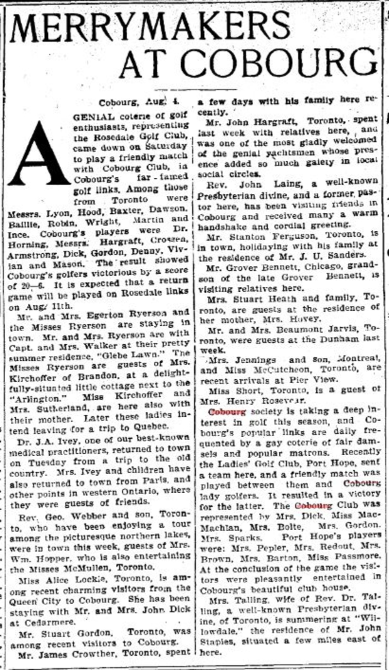 1900-08-04 Golf -Social side of Cobourg vs Rosedale