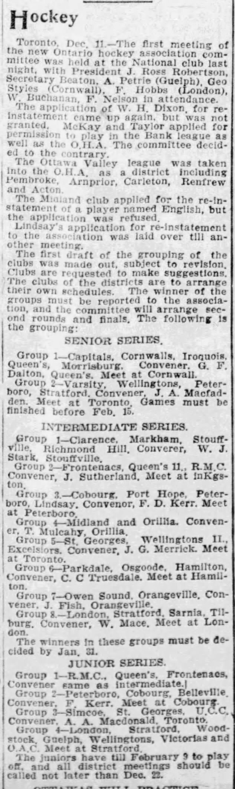 1900-12-12 Hockey -OHA-Cobourg in Junior & Intermediate