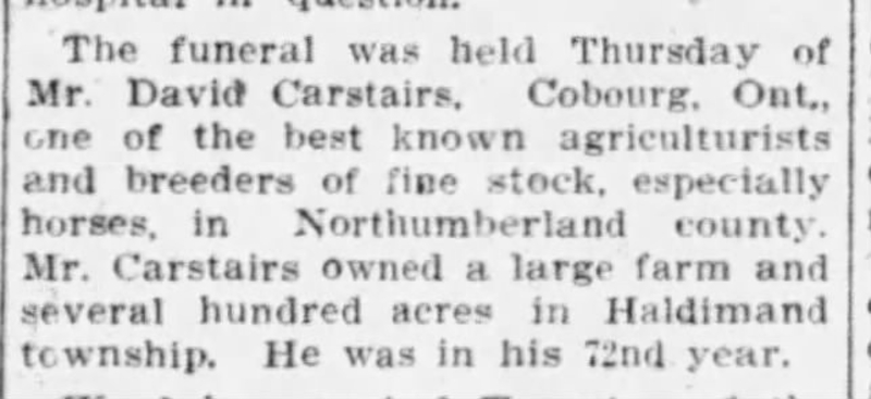 1909-10-01 Horses -David Carstairs death -Ottawa Citizen
