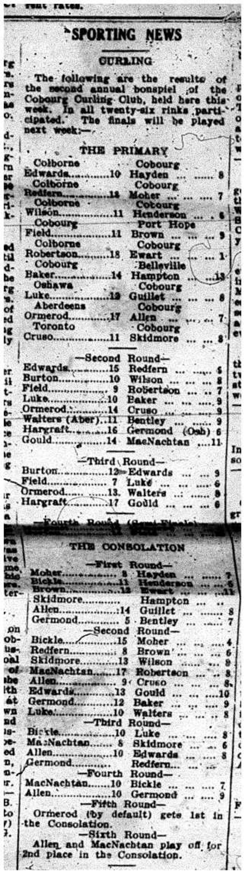 1912-02-16 Curling -Cobourg Club Bonspiel 