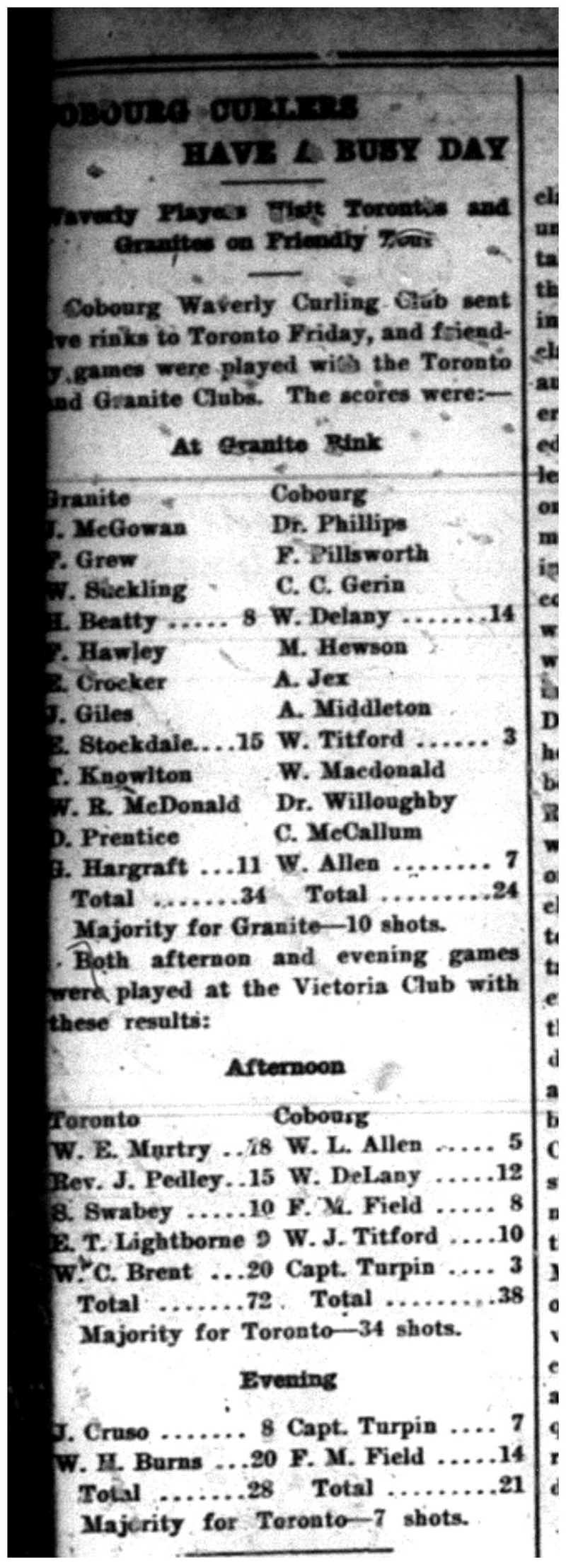 1918-02-03 Curling -Cobourg vs Toronto-Granite