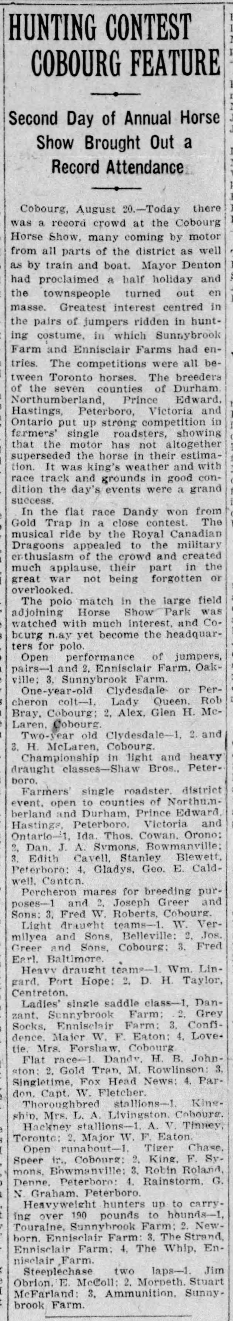 1919-08-21 Horses -Cobourg Horse Show -Day 2 -Montreal Gazette
