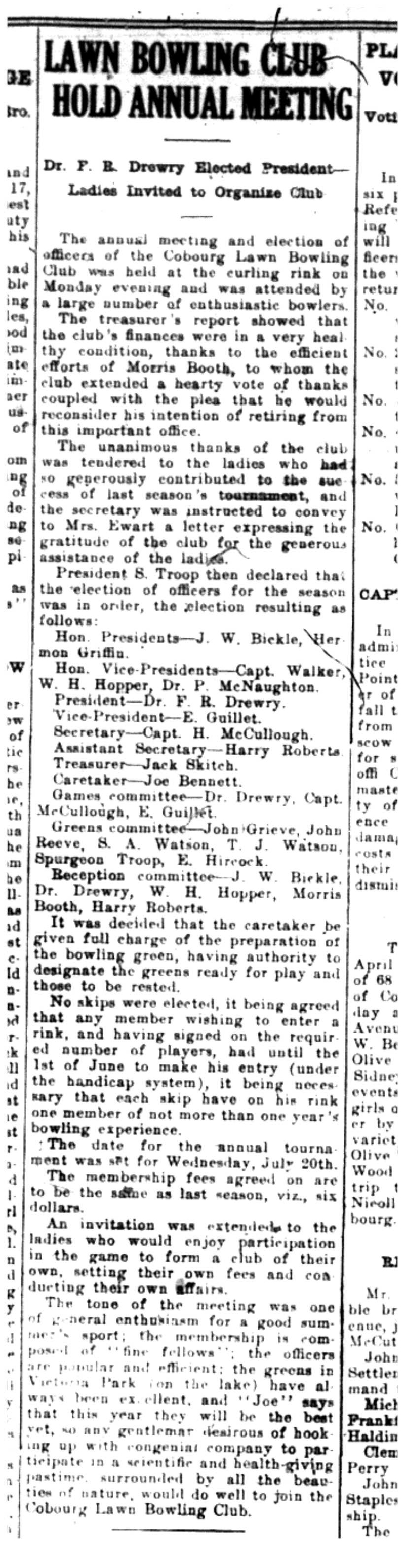 1921-04-14 Lawn Bowling -Annual meeting