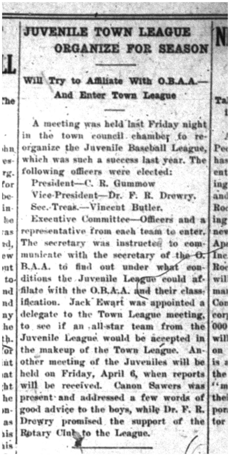 1923-03-29 Baseball -plans for Juveniles in OBAA