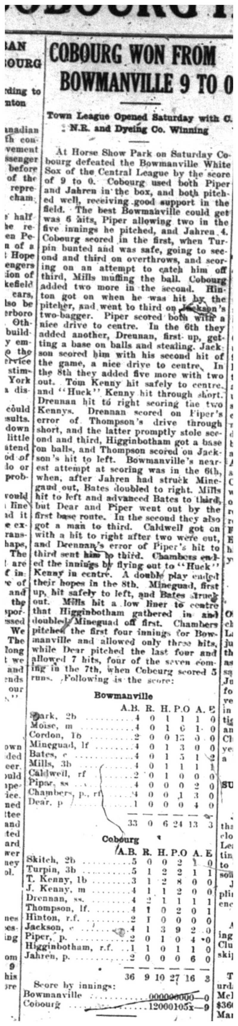 1923-05-24 Baseball -Cobourg Vs Bowmanville