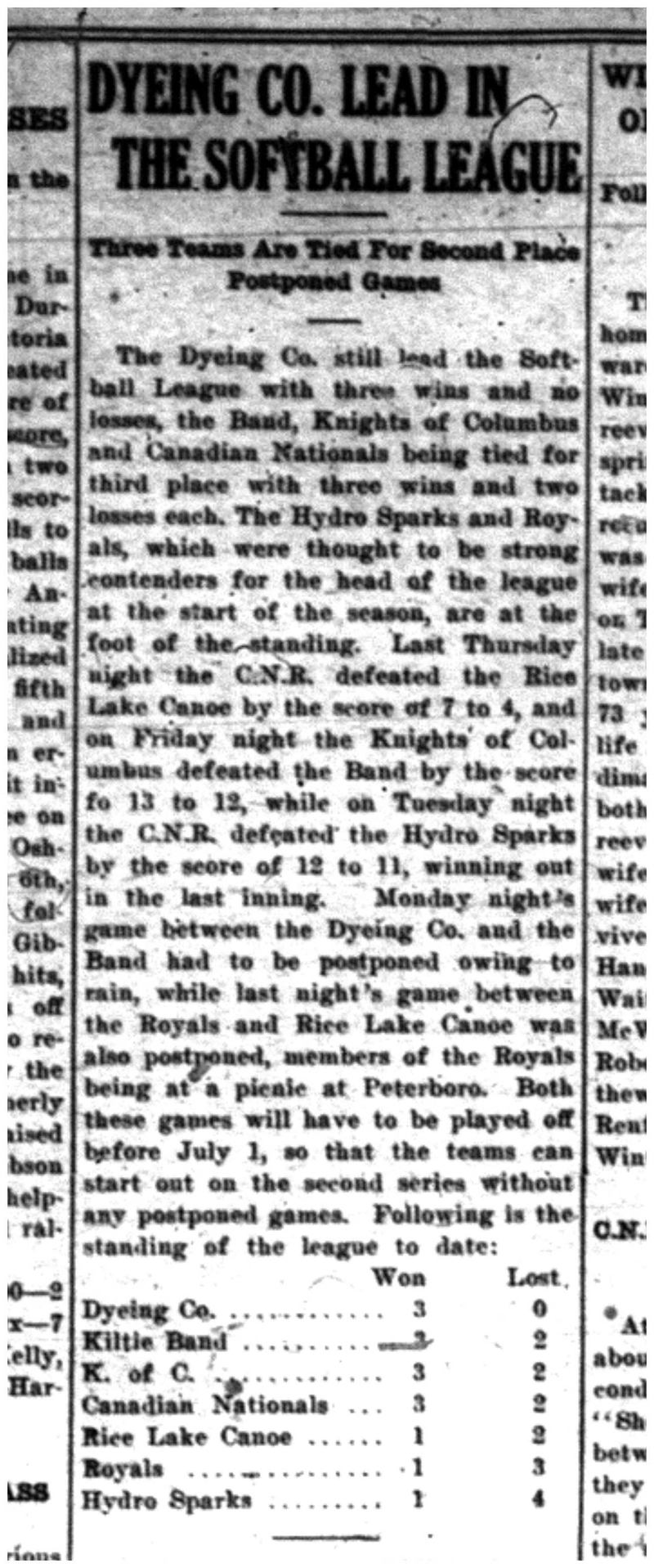 1925-06-25 Softball -Standings