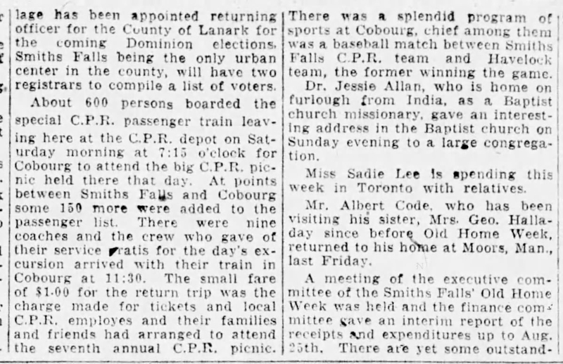 1925-09-03 Baseball -CPR picnic sports day at Cobourg -Ottawa Citizen