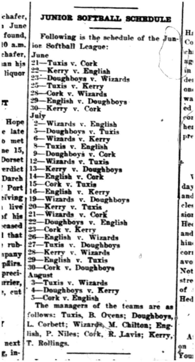 1926-06-24 Softball -Juniors schedule