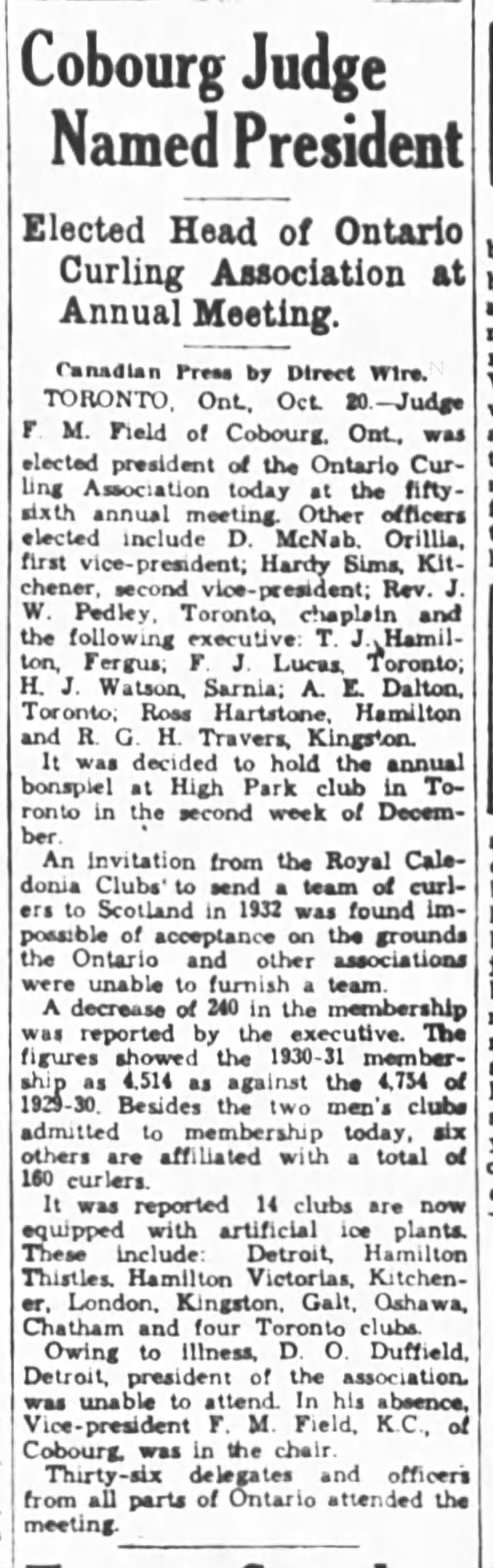 1931-10-21 Curling -Cobourg Judge to head -Ottawa Journal