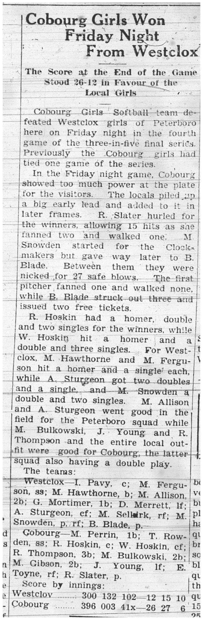 1937-08-26 Softball -Girls vs Peterborough