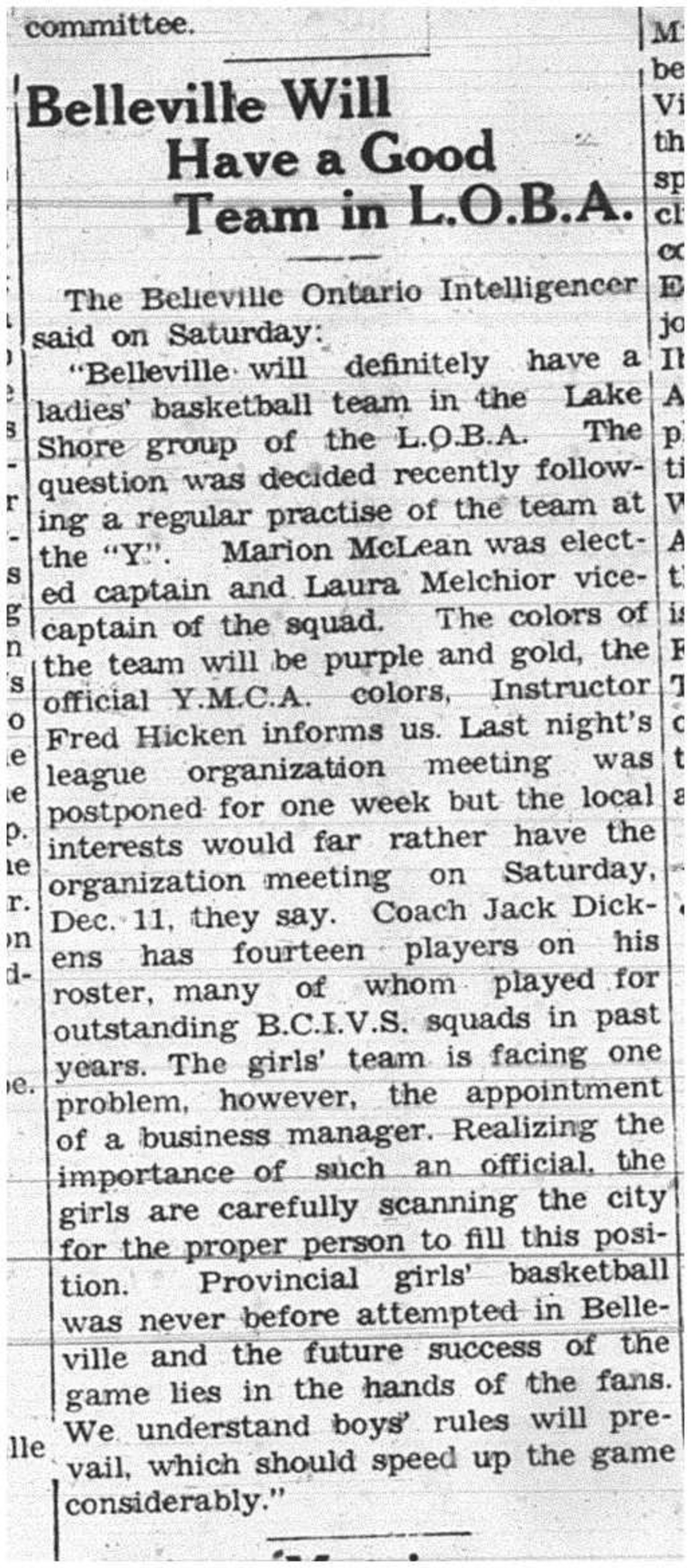 1937-12-09 Basketball - Belleville in new Ladies League