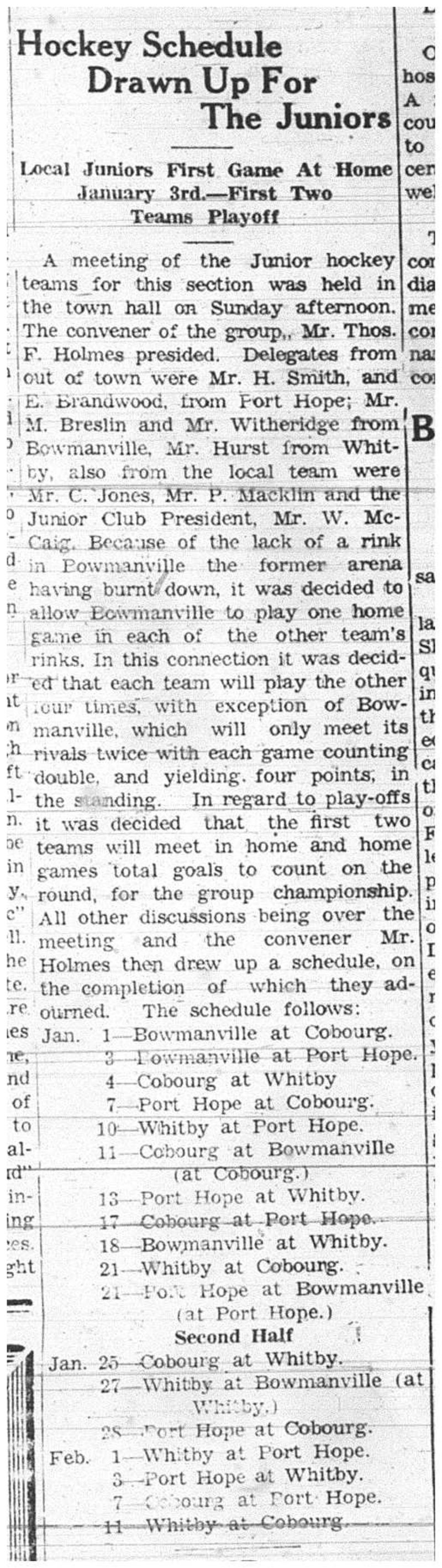 1937-12-09 Hockey - Junior Schedule