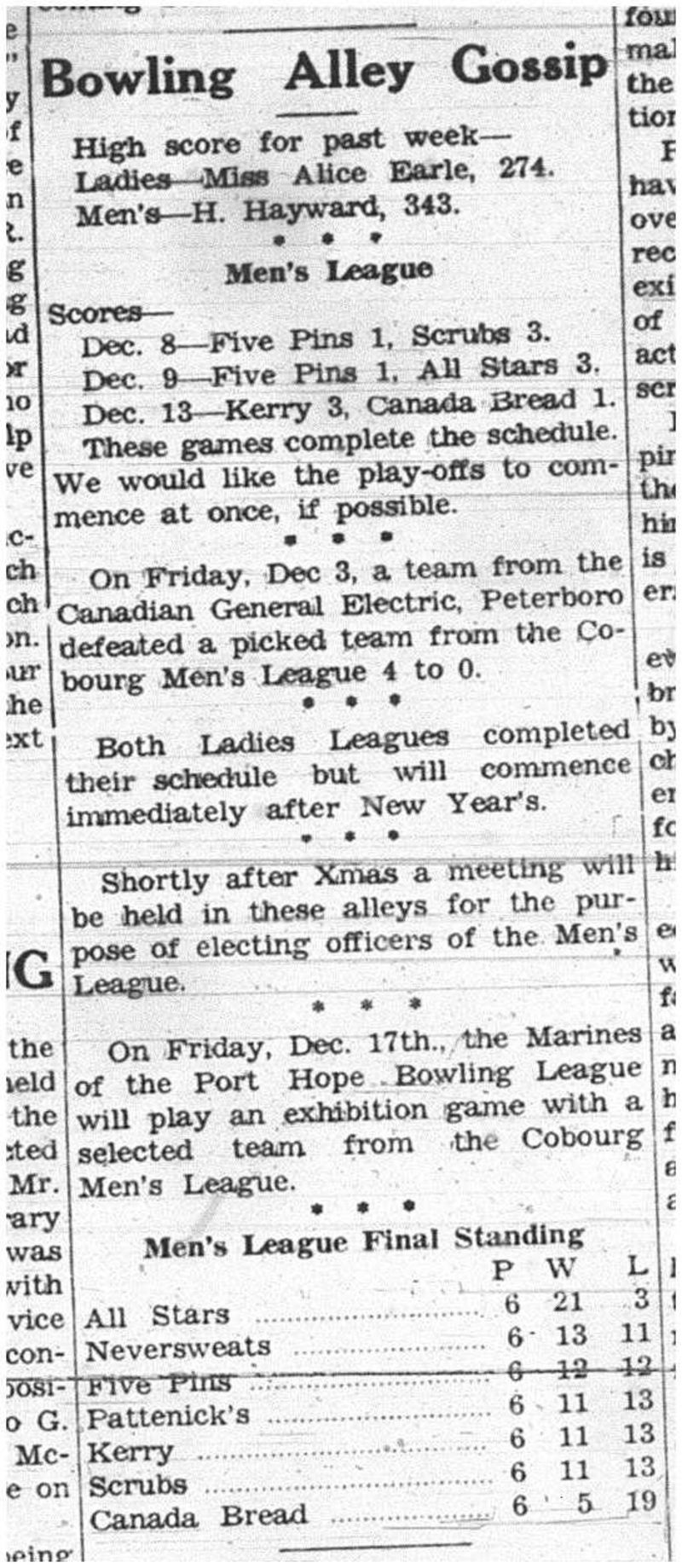 1937-12-16 Bowling -Standings