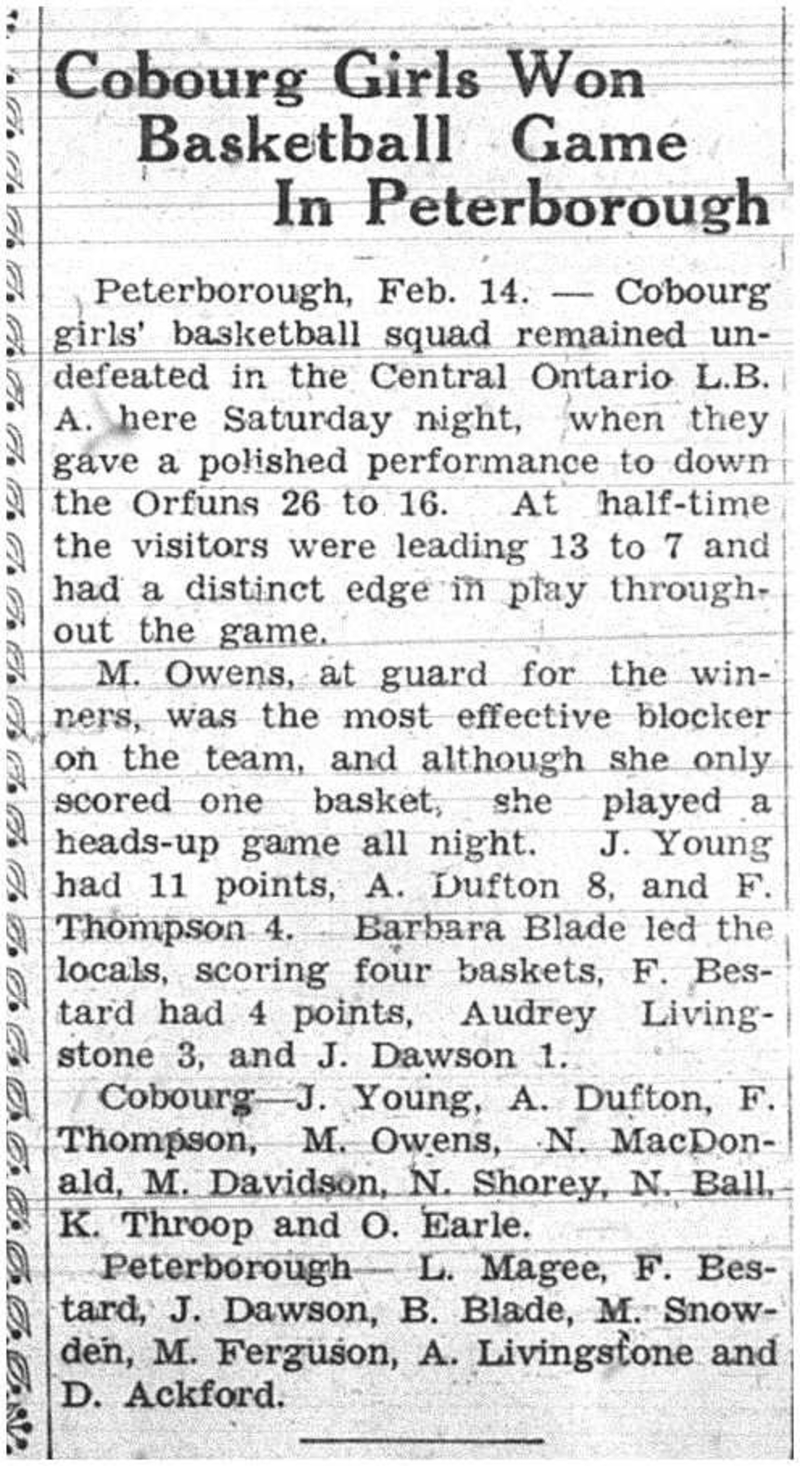 1938-02-17 Basketball -Ladies vs Peterborough