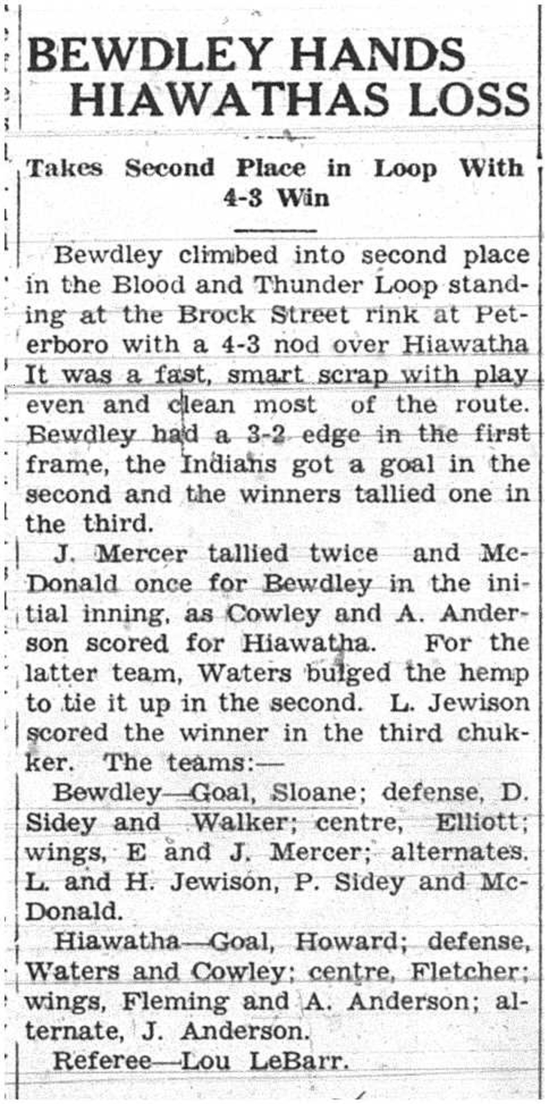 1938-02-24 Hockey -Bewdley vs Hiawatha