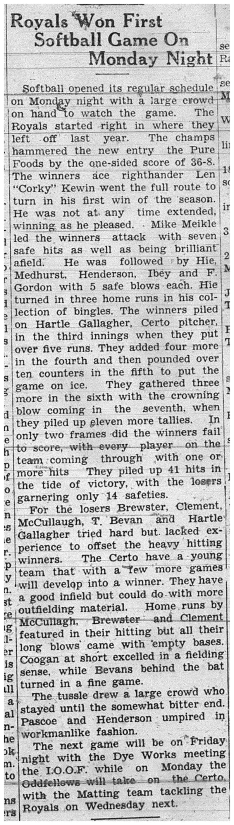 1938-05-17 Softball -Men's League opener