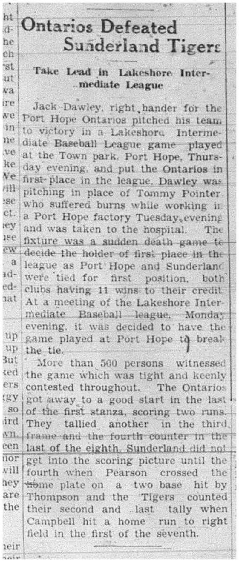 1938-08-18 Baseball -Intermediates PH vs Bowmanville