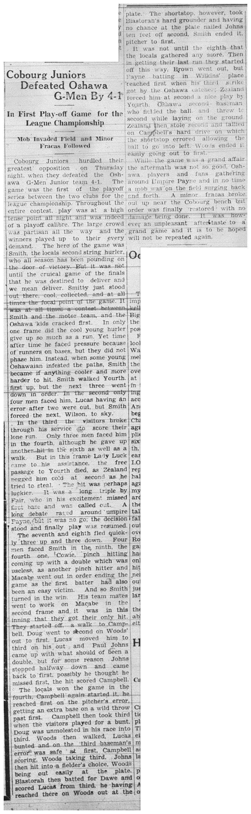 1938-08-18 Baseball -Juniors vs Oshawa