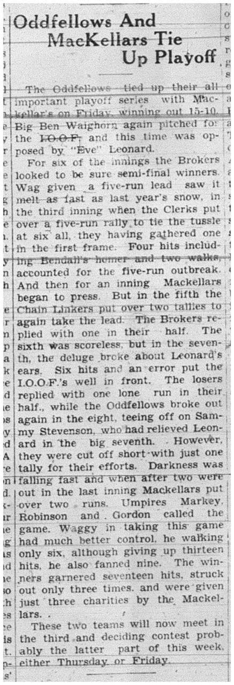 1938-08-18 Softball -Mens League Playoffs