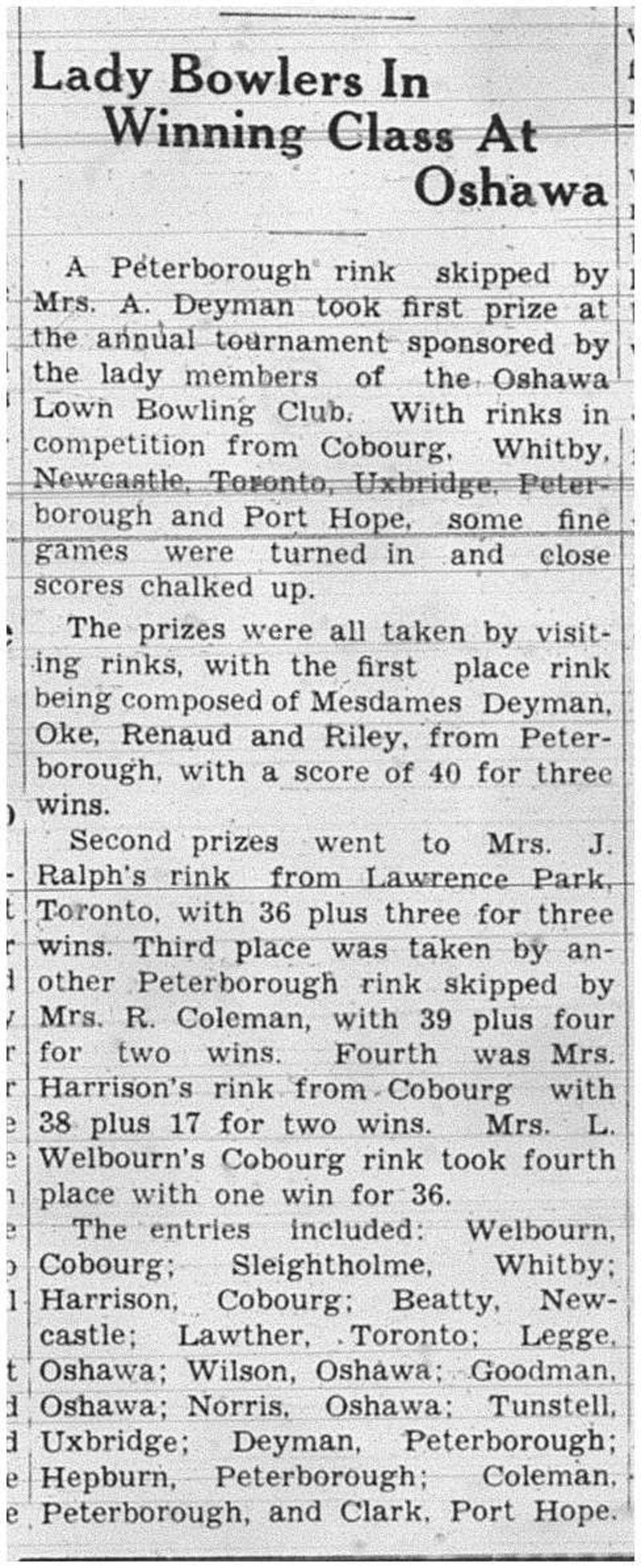 1938-09-08 Lawn Bowling -Oshawa tourney