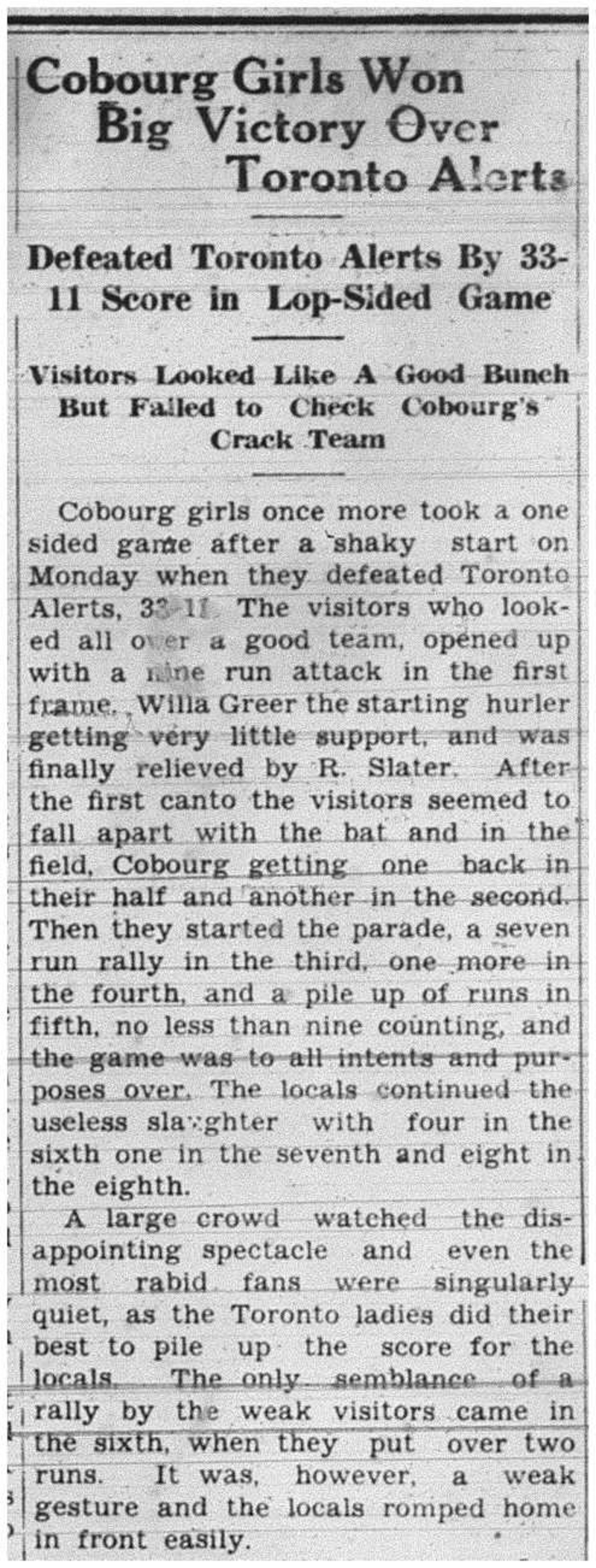 1938-09-08 Softball -Ladies vs Toronto