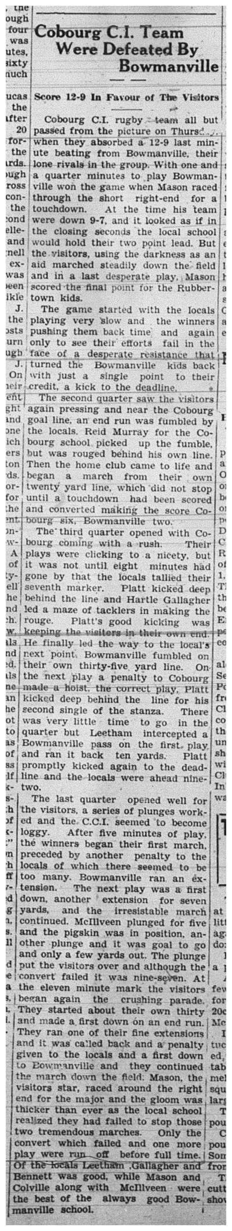 1938-10-27 School -CCI Football vs Bowmanville