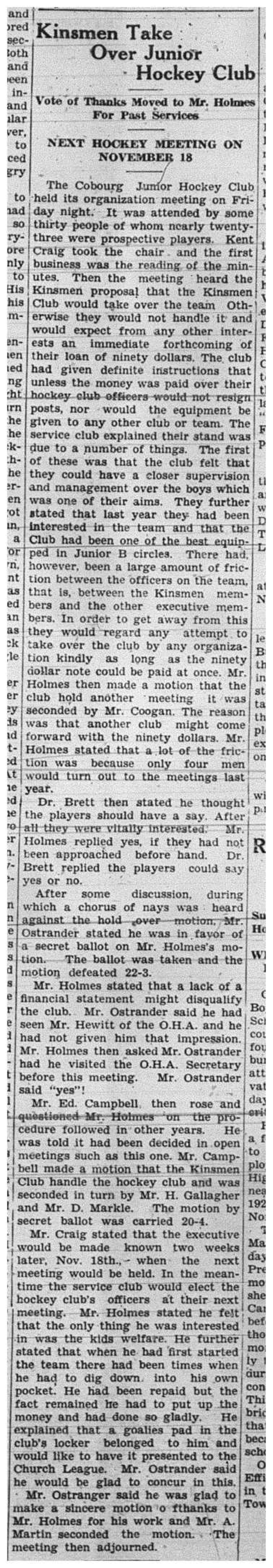 1938-11-10 Hockey -Juniors -Kinsmen Club takes over operations