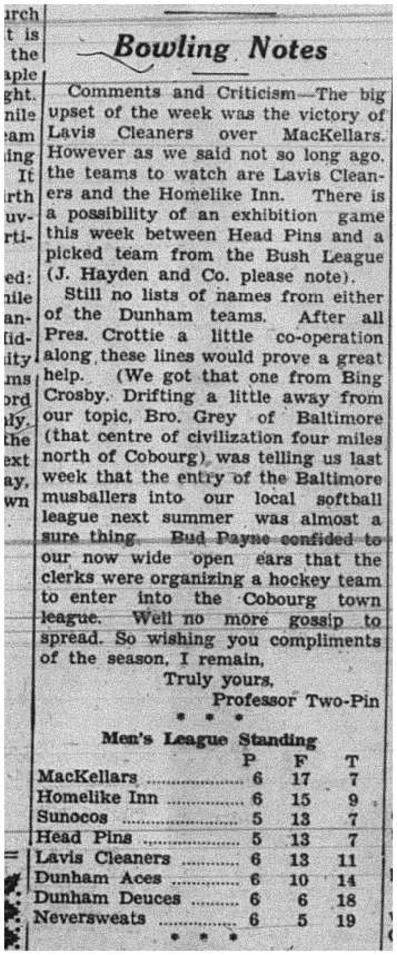 1938-12-22 Bowling - notes & standings