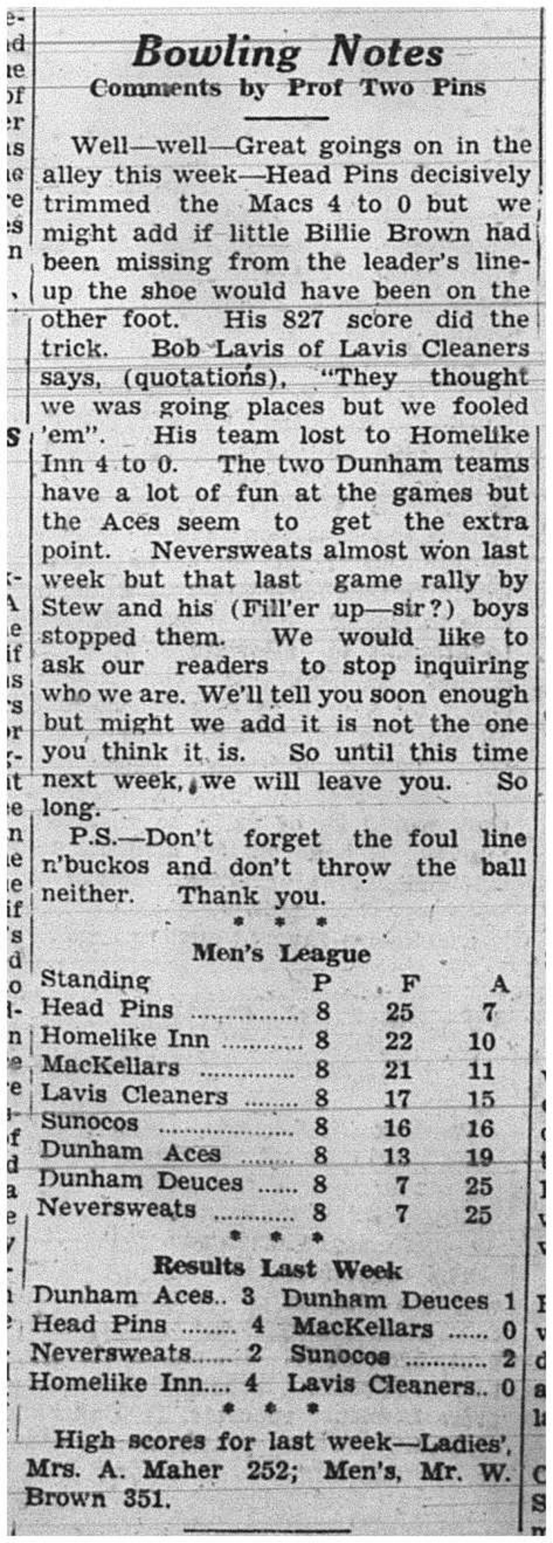 1939-01-19 Bowling - Notes