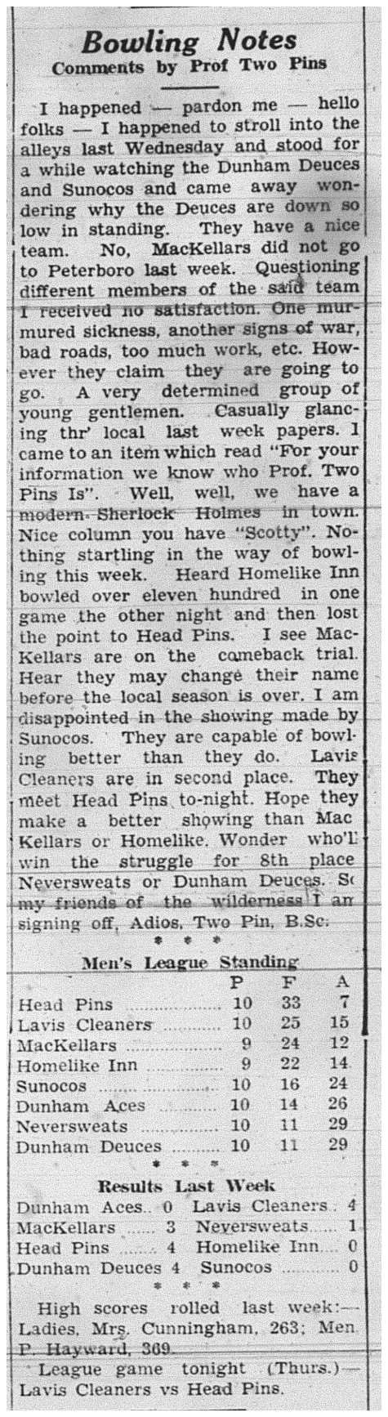 1939-02-02 Bowling -Mens Results -Notes