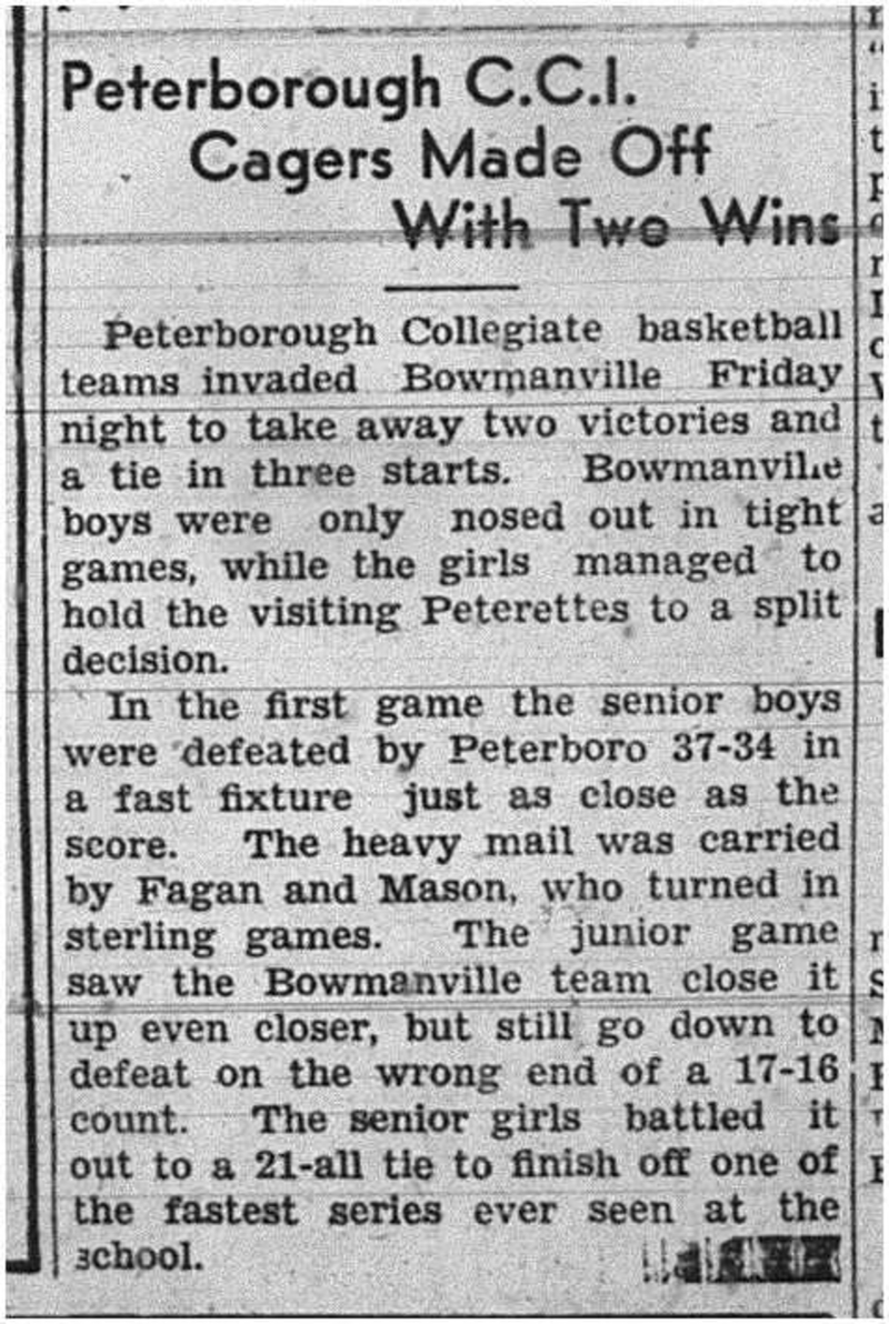 1939-02-16 School -Basketball Peterborough vs Bowmanville