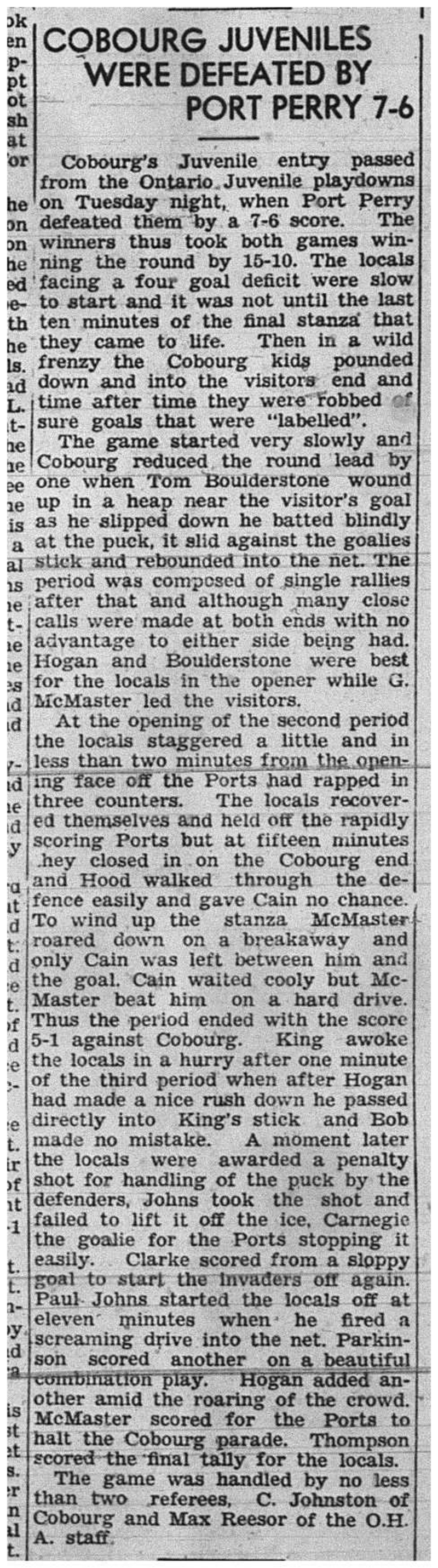 1939-02-23 Hockey -Juveniles -Cobourg vs Port Perry-Playoff