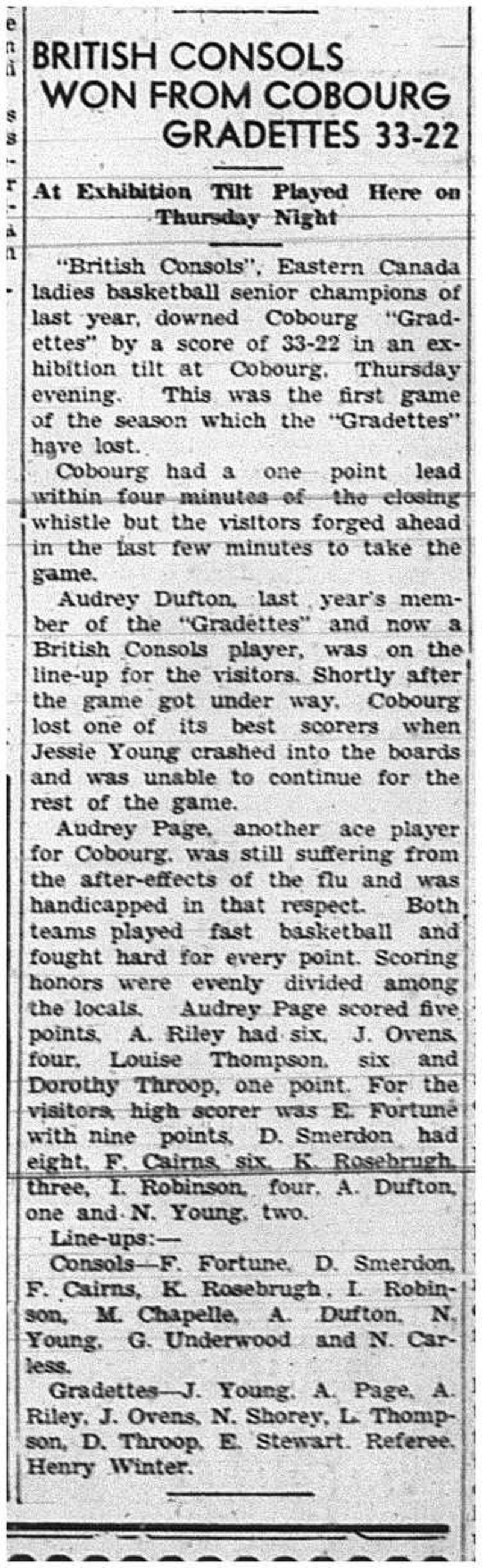 1939-03-09 Basketball -Exhibition Gradettes vs British Consols