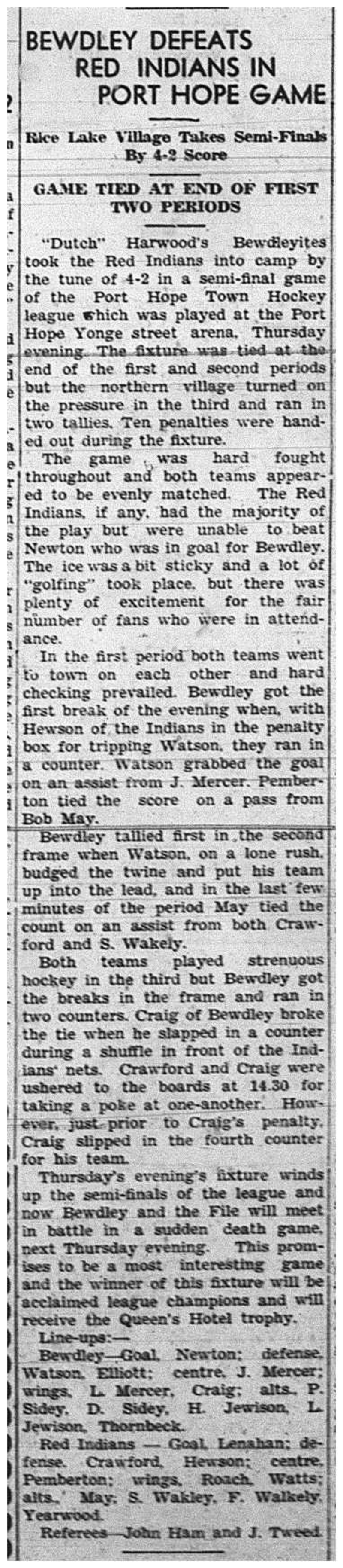 1939-03-09 Hockey -PH Town League Bewdley vs Red Indians