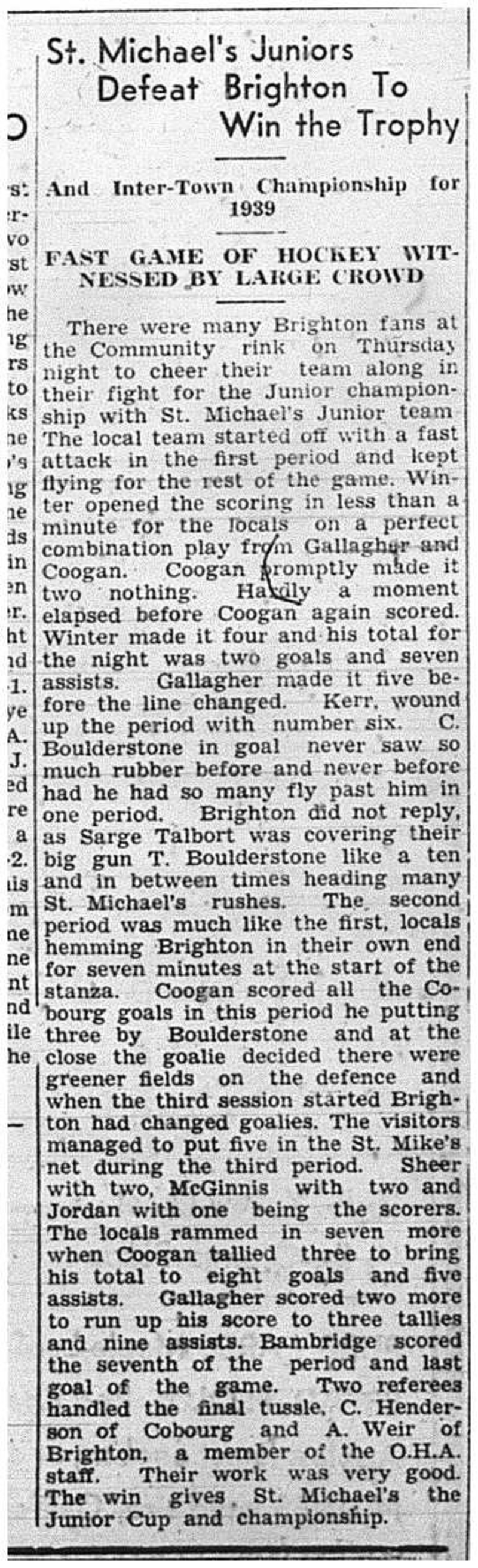 1939-03-16 Hockey -CCHL Juniors St Michaels vs Brighton