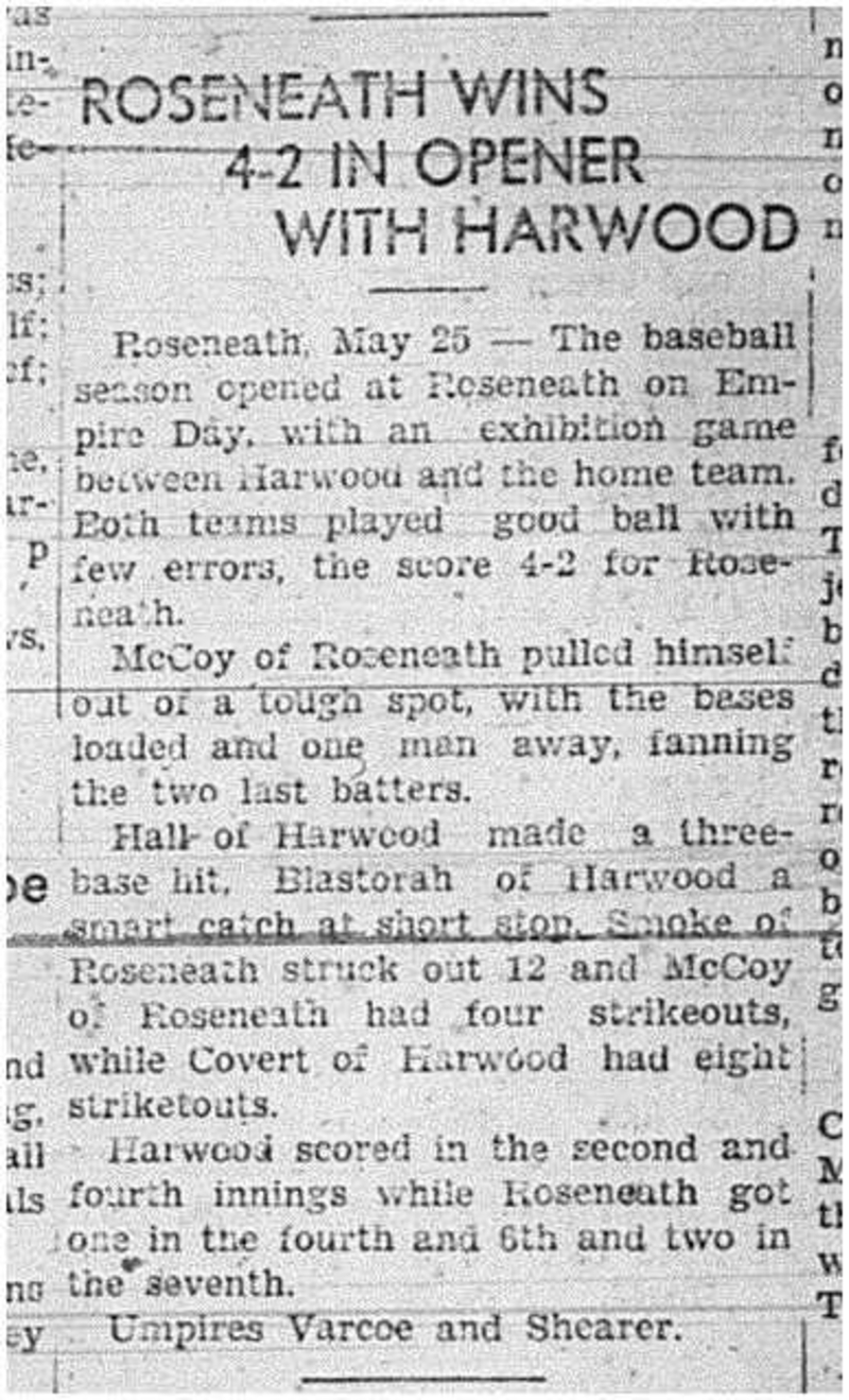 1939-06-01 Baseball -Empire Day Exhibition Roseneath vs Harwood