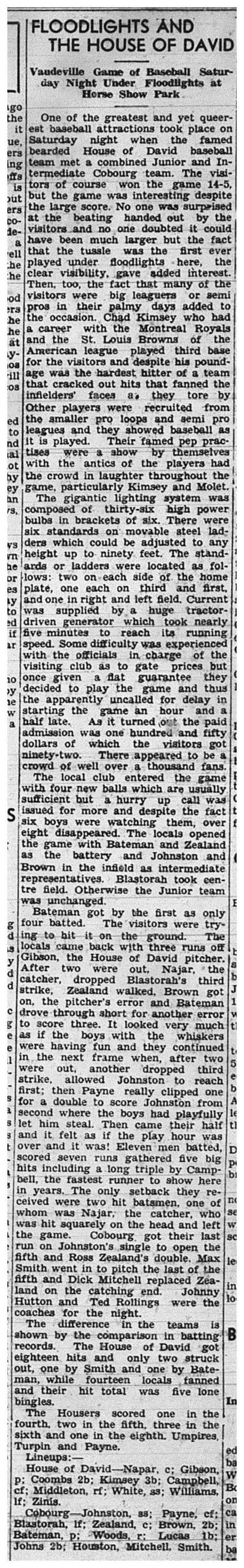 1939-07-06 Baseball -Intermediates & Juniors vs Bearded House of David 1st under Floodlights