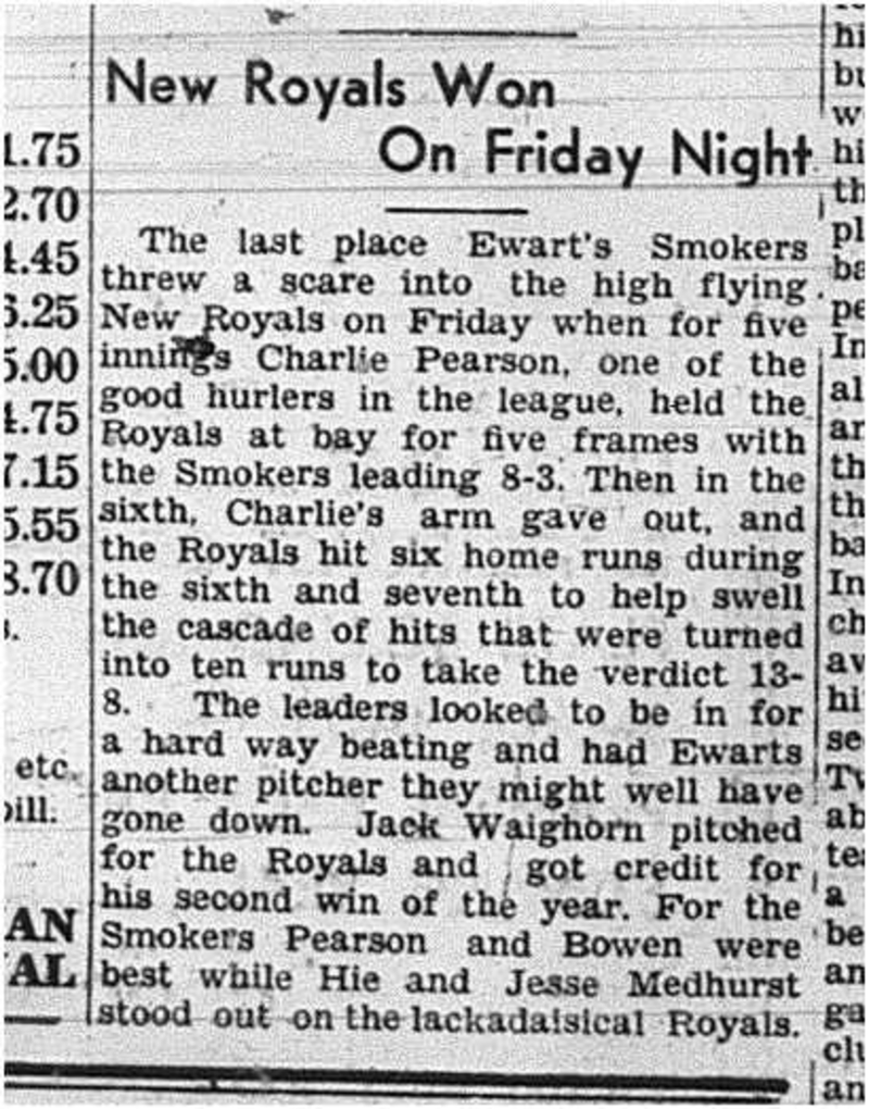 1939-07-06 Softball -Mens League Ewarts vs New Royals