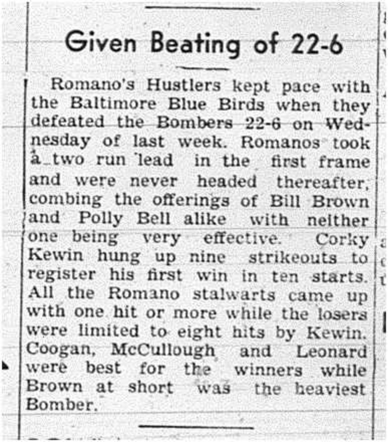 1939-08-03 Softball -Mens League Romano Hustlers vs Bombers