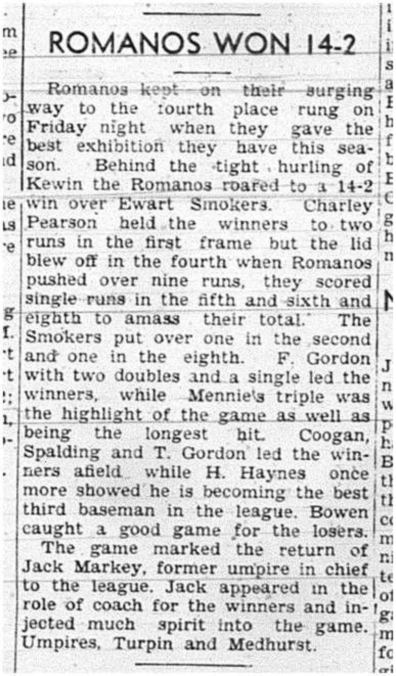 1939-08-03 Softball -Mens League Romano vs Ewart
