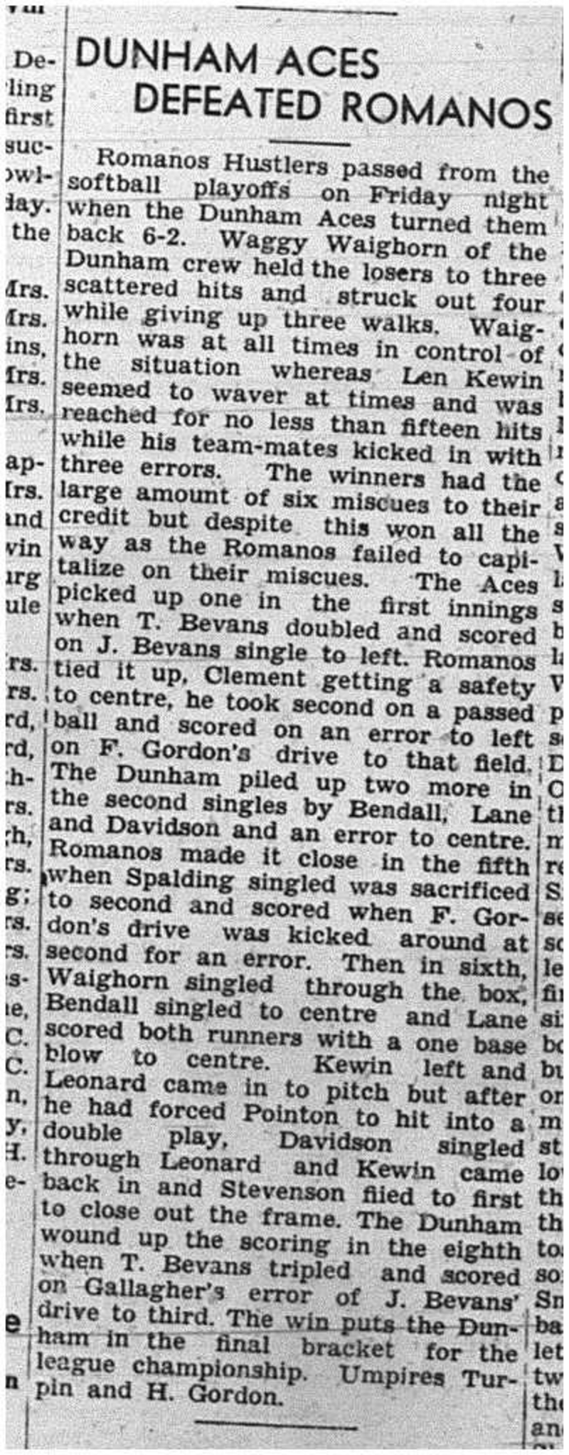 1939-08-31 Softball -Mens League Dunham vs Romanovs Playoff