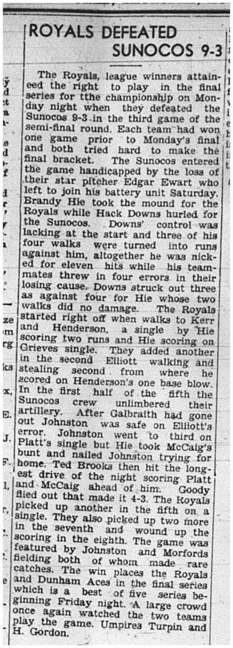 1939-08-31 Softball -Mens League Royals vs Sunocos Semi-final