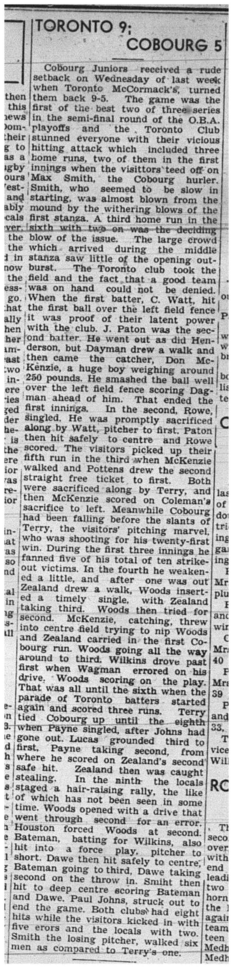 1939-09-14 Baseball -Cobourg Juniors vs TO McCormacks Playoff