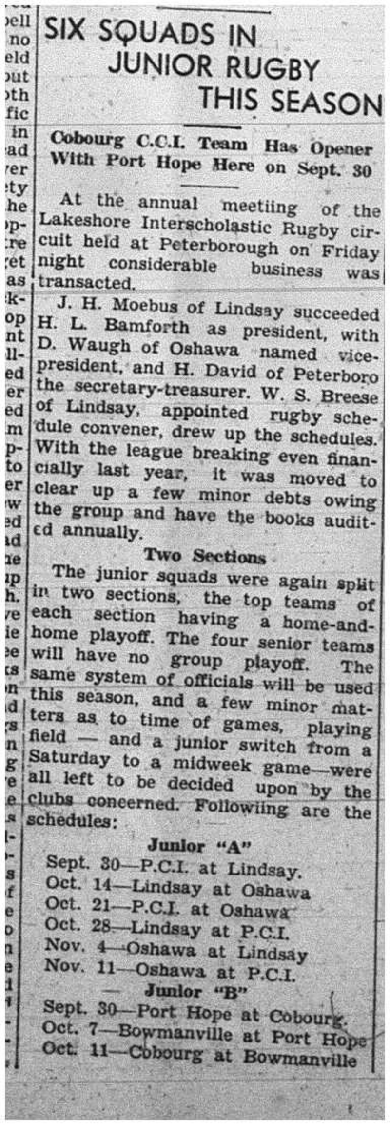 1939-09-21 School -CCI Junior Football Schedule