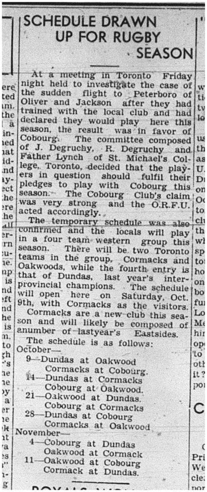 1939-09-28 Football -ORFU Schedule