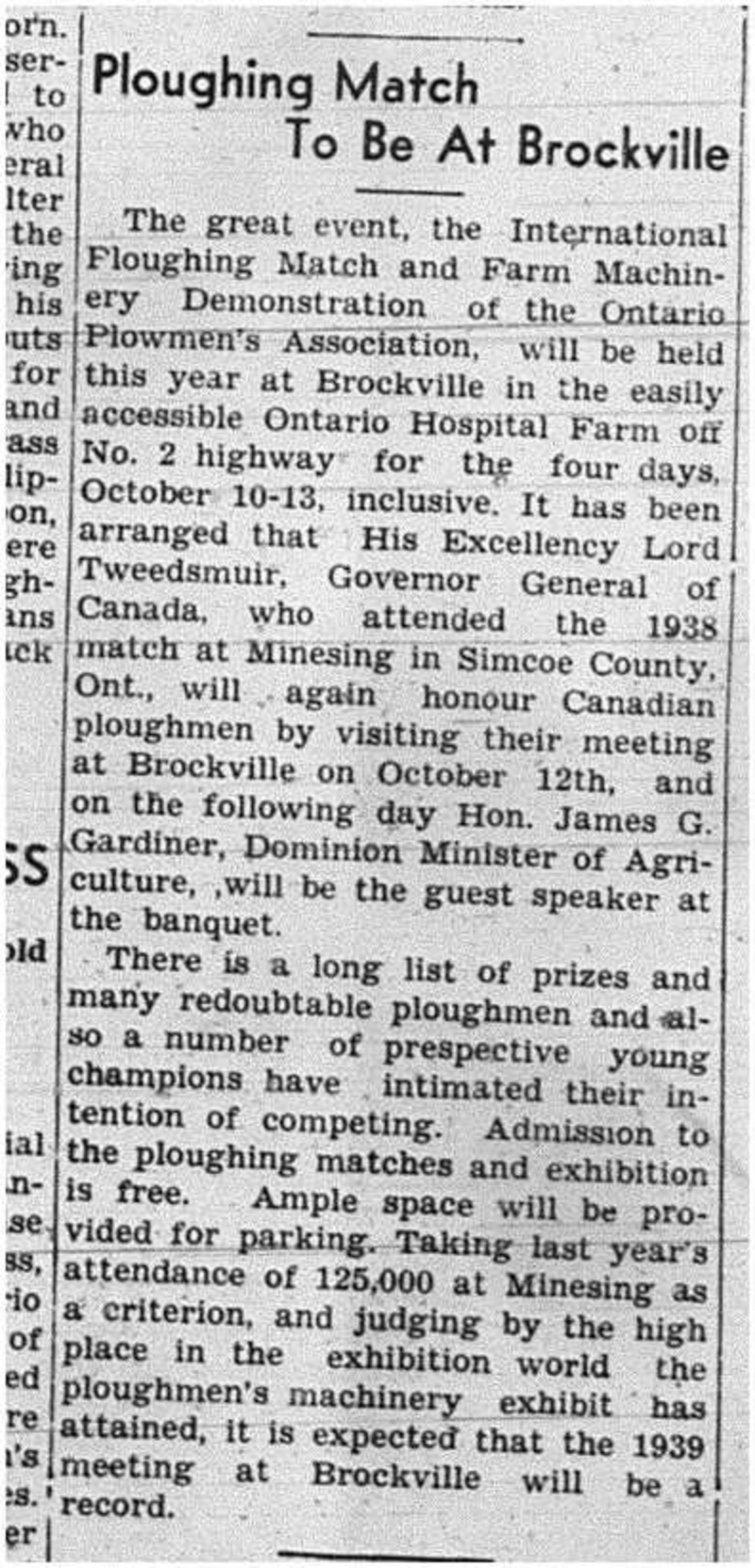 1939-09-28 Ploughing -International Ploughing Match set for Brockville