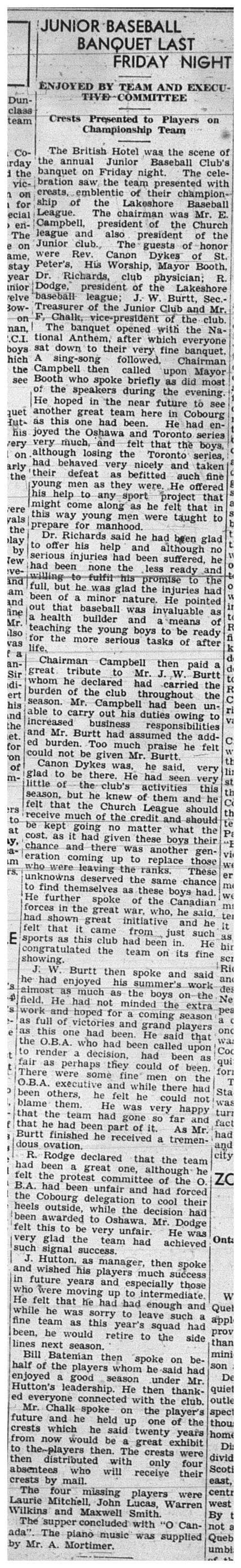 1939-10-19 Baseball -Cobourg Juniors Banquet