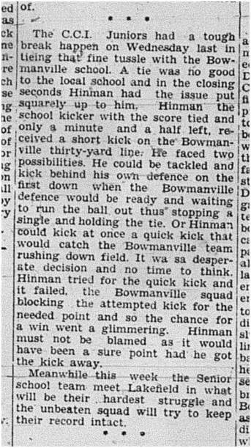 1939-11-09 School -CCI Junior Football vs Bowmanville
