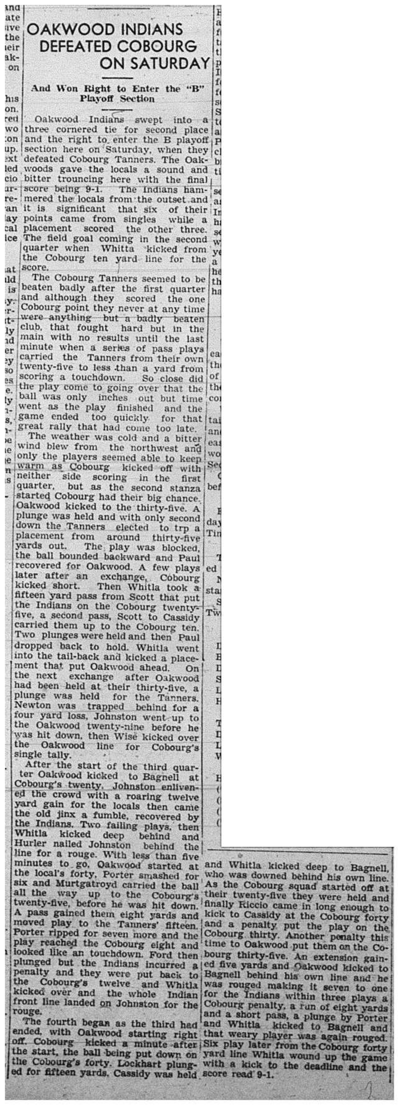 1939-11-16 Football -Cobourg Tanners vs Oakwood