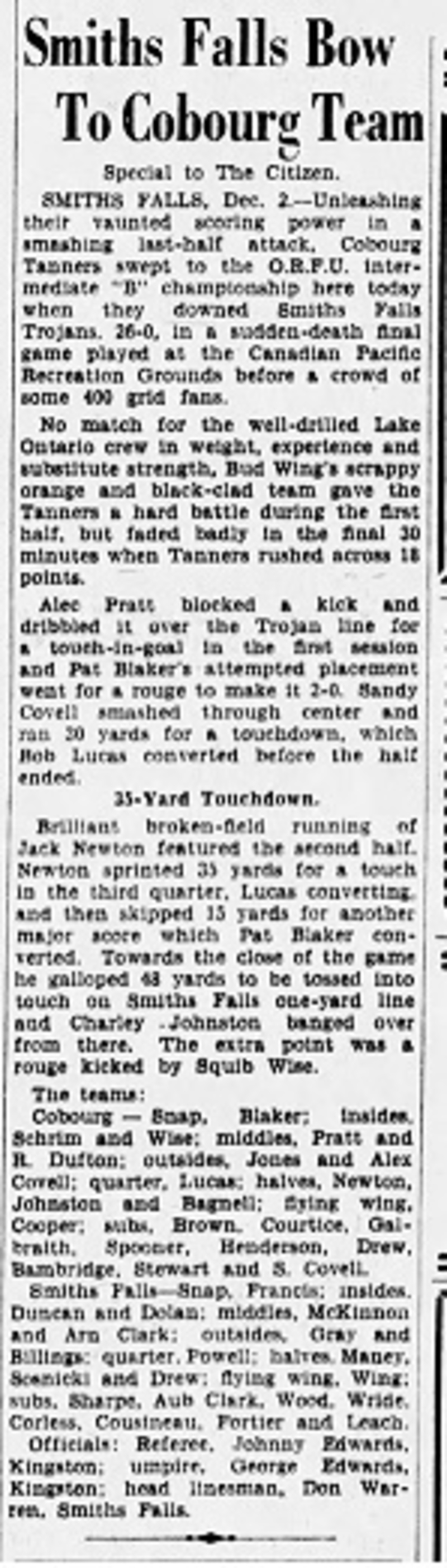 1939-12-04 Football -Cobourg Tanners ORFU vs Smiths Falls-Ottawa Citizen